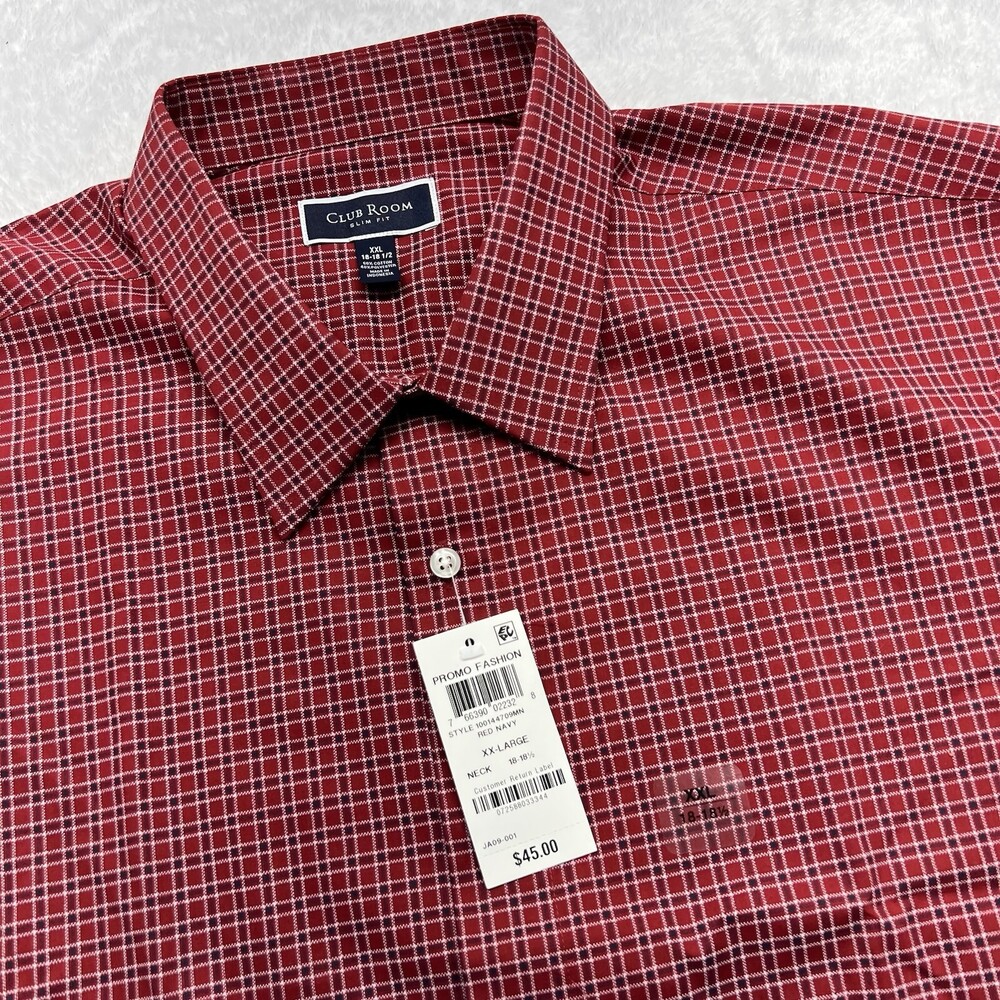 Club Room Slim Fit Button Up Long Sleeve Shirt Men XXL 18-18 1/2 Red Ck NWT $45